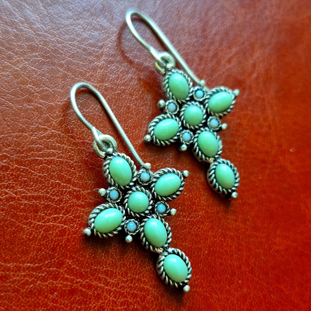 Lucky Brand Silver and Green Cross Earrings